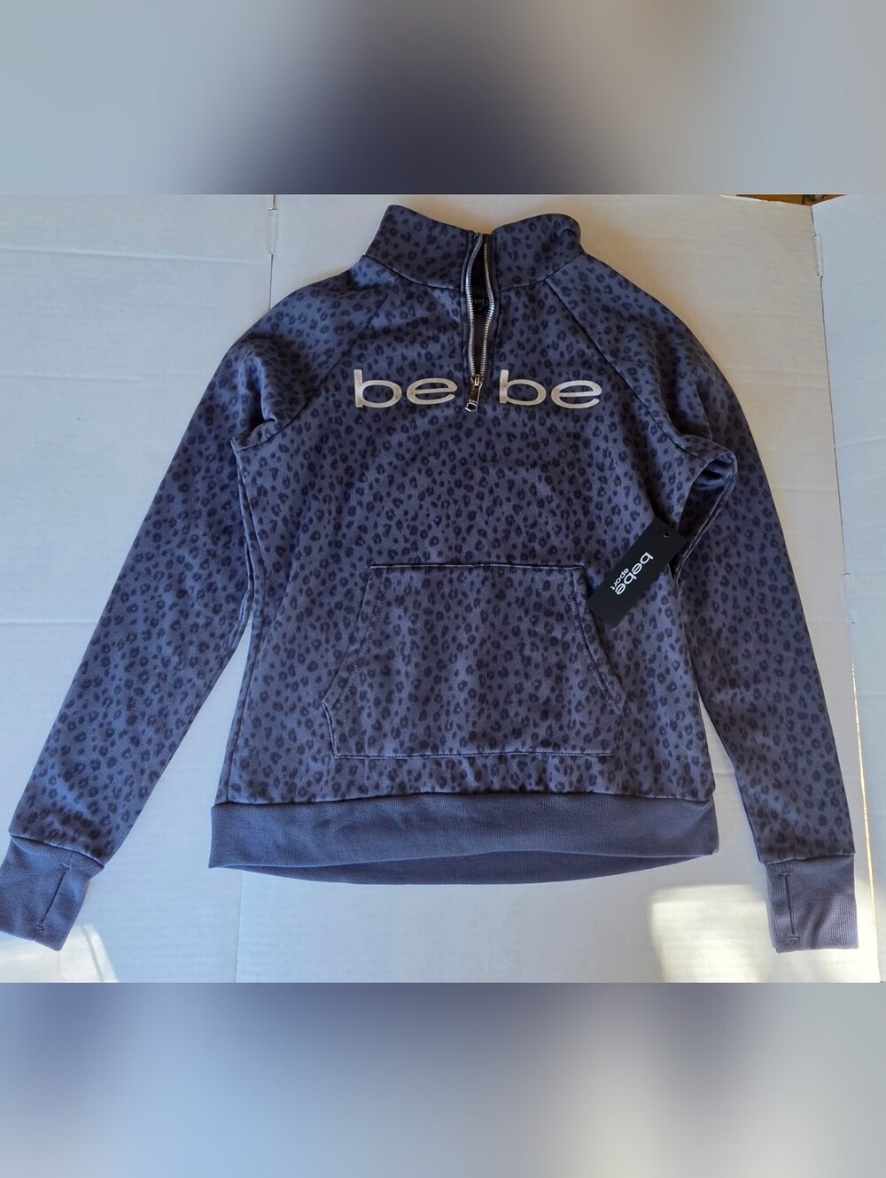 Bebe Sport Women's Small Blue Smoke Leopard Half Zip Pullover Hoodie NWT